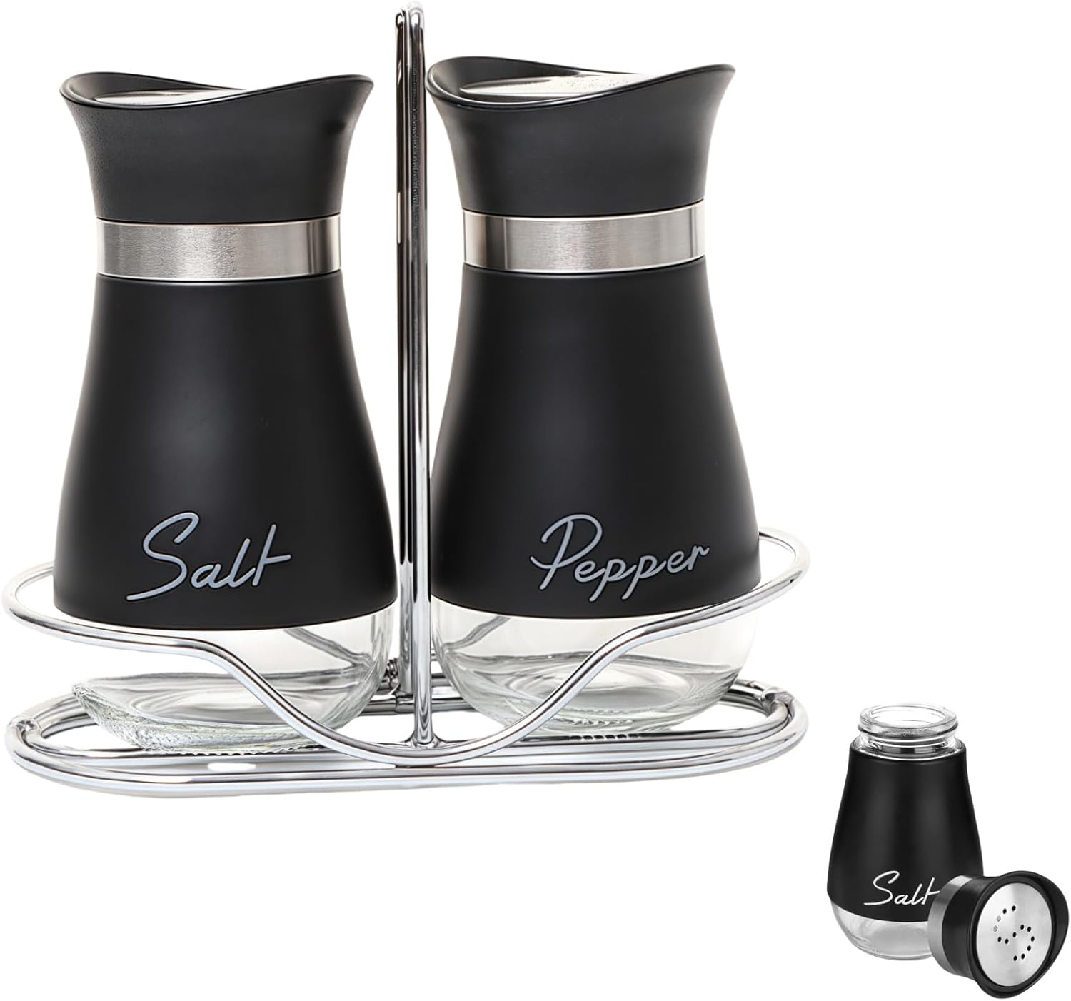 Salt and Pepper Sets with Holder, Glass Bottom Salt Pepper Shaker with Stainless Steel Lid for Kitchen Gadgets Cooking Table, Camp,BBQ Spice Shaker Containers, BBQ Seasoning Bottle Jars (Black)