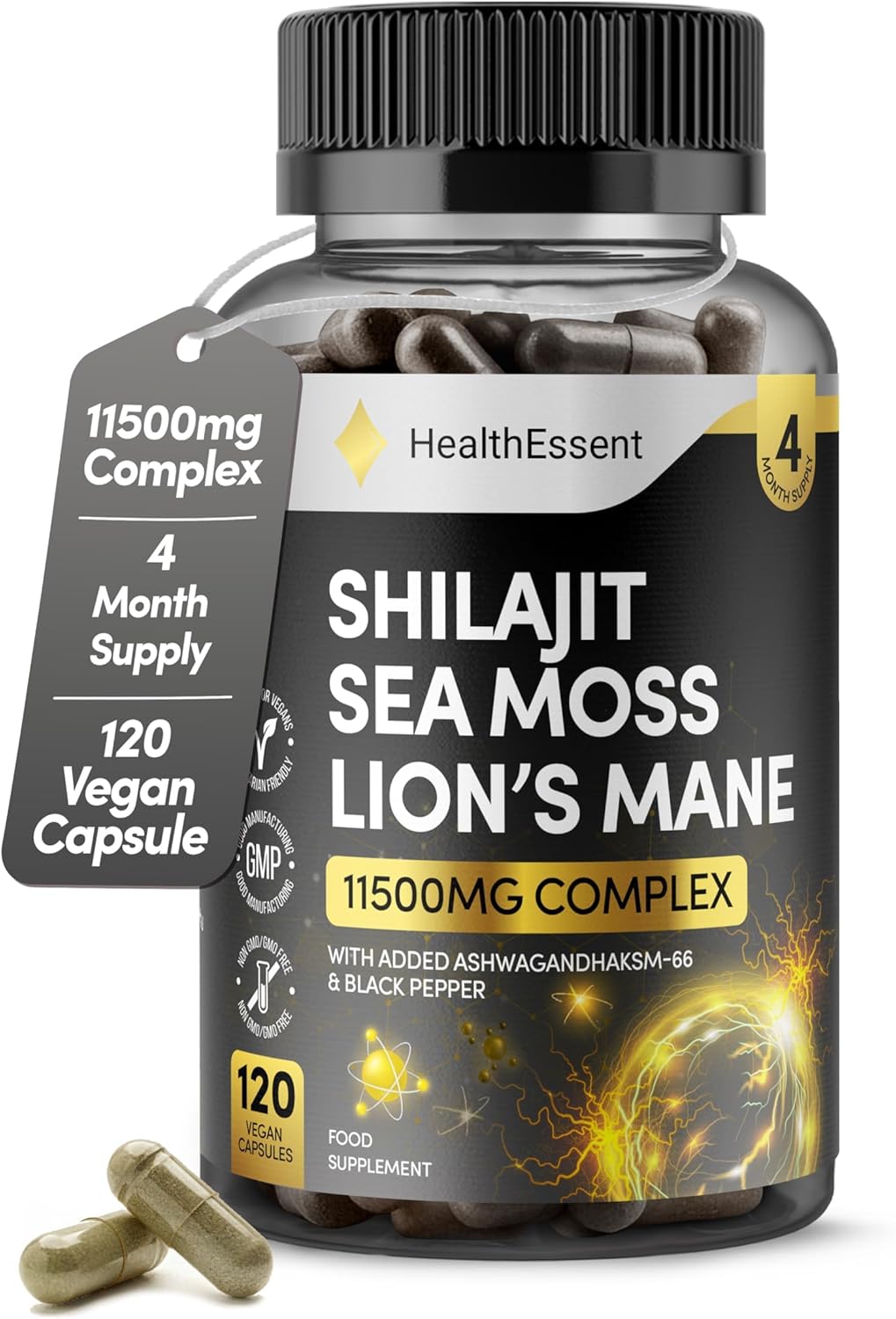 Shilajit Seamoss and Lions Mane Capsules, 11500mg 3-in-1 Brain & Focus Supplement with Ashwagandha & Black Pepper, High Strength Lions Mane Shilajit Blend for Energy & Immunity,120 Vegan Capsules - Image 3