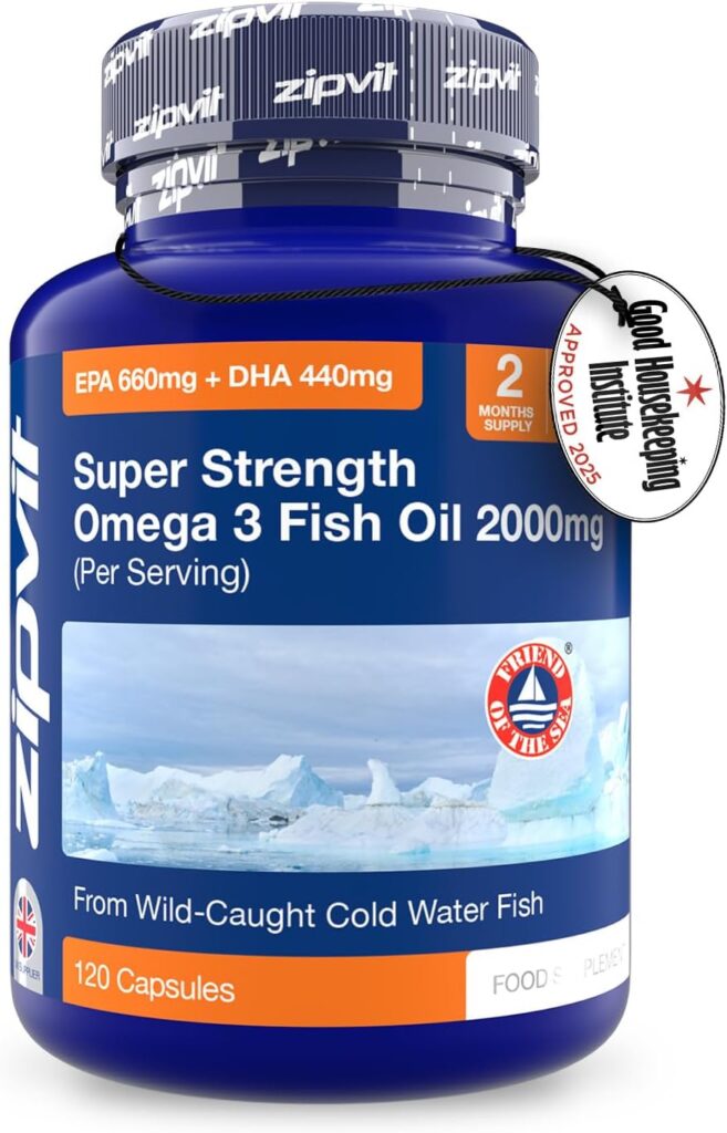 Zipvit Omega 3 Fish Oil 2000mg, EPA 660mg DHA 440mg, Wild-Caught, Cold Water Fish, Supports Heart, Brain & Vision, 120 Softgels, 2 Months Supply, Eco-Friendly Pouch