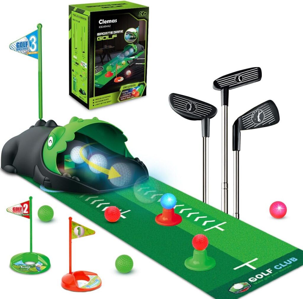 Clemas Upgraded Kids Toy Golf Set with Automatic Ball Returner, Led Light Up Golf Balls, 3 Clubs,Putting Mat, 3-5 Toddler Mini Golf Games, Indoor Outdoor Sport Toys Gifts for Boys Girls Aged 3+ (pink)