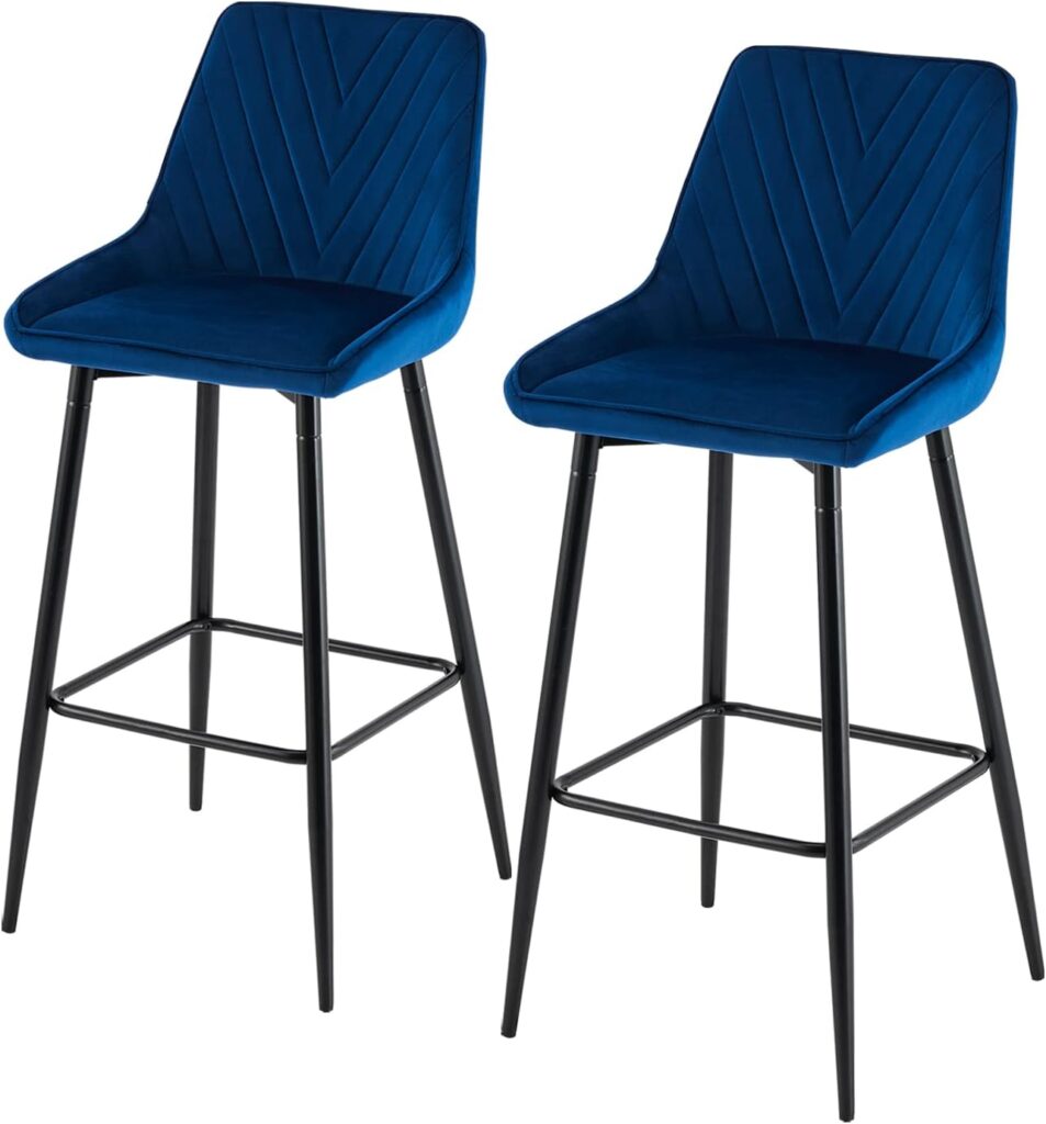 CLIPOP Bar Stools Set of 2,Grey Velvet Padded Breakfast Bar Chairs Barstool with Backrest and Metal Legs,Industrial High Back Dining Stools for Home Kitchen Counter Pub Island