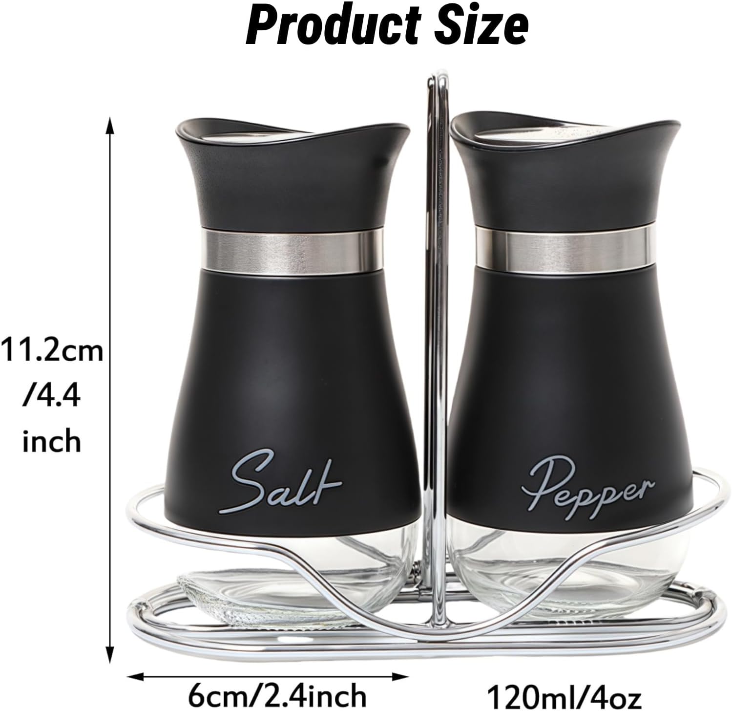 Salt and Pepper Sets with Holder, Glass Bottom Salt Pepper Shaker with Stainless Steel Lid for Kitchen Gadgets Cooking Table, Camp,BBQ Spice Shaker Containers, BBQ Seasoning Bottle Jars (Black) - Image 3