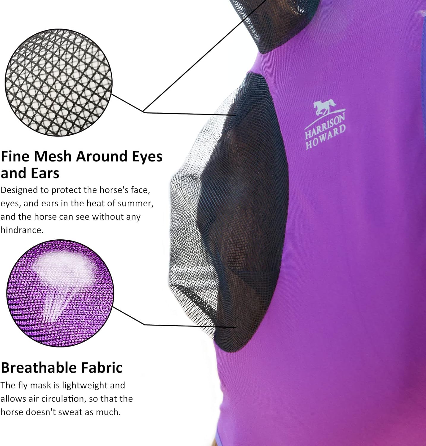 Harrison Howard Super Comfort Stretchy Fly Mask Large Eye Space with UV Protection Soft on Skin with Breathability-Amethyst - Image 3