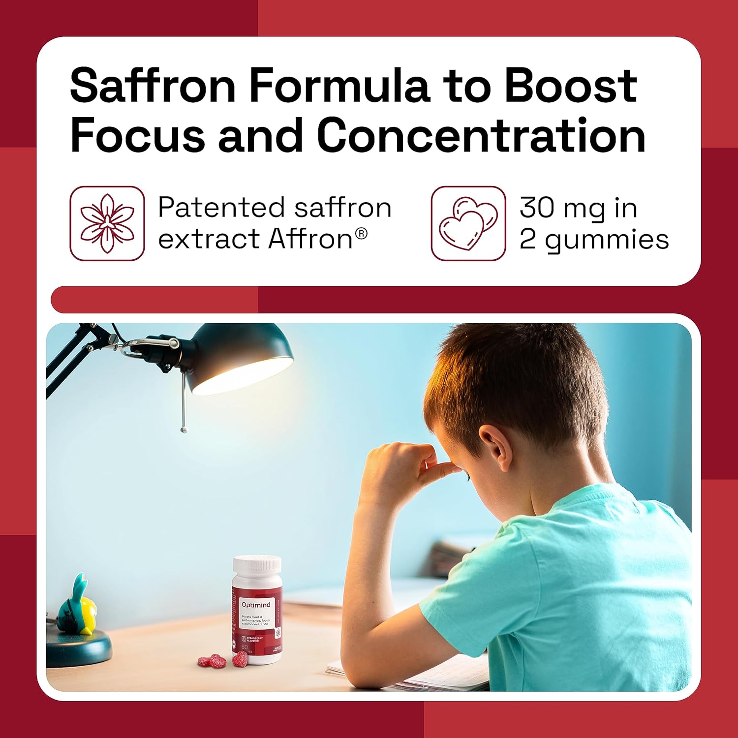 NAVEH PHARMA OptiMind - Focus Supplement | Natural ADHD Supplements for Kids | 30 MG Saffron Supplements: Kids Vitamins and Memory Supplement for Brains | Mood Support | 60 Calm Gummies (Strawberry) - Image 3