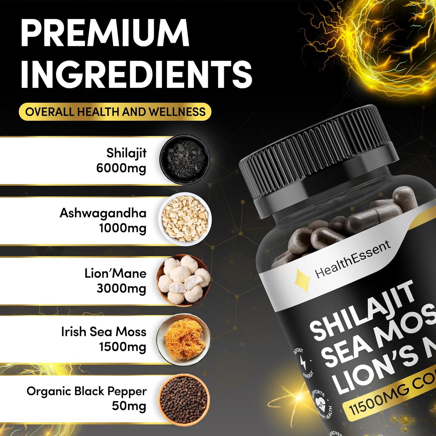 Shilajit Seamoss and Lions Mane Capsules, 11500mg 3-in-1 Brain & Focus Supplement with Ashwagandha & Black Pepper, High Strength Lions Mane Shilajit Blend for Energy & Immunity,120 Vegan Capsules - Image 4