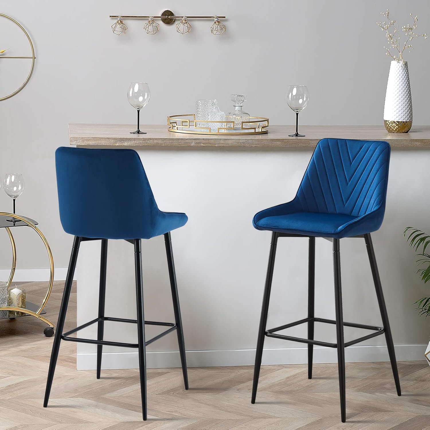 CLIPOP Bar Stools Set of 2,Grey Velvet Padded Breakfast Bar Chairs Barstool with Backrest and Metal Legs,Industrial High Back Dining Stools for Home Kitchen Counter Pub Island - Image 7
