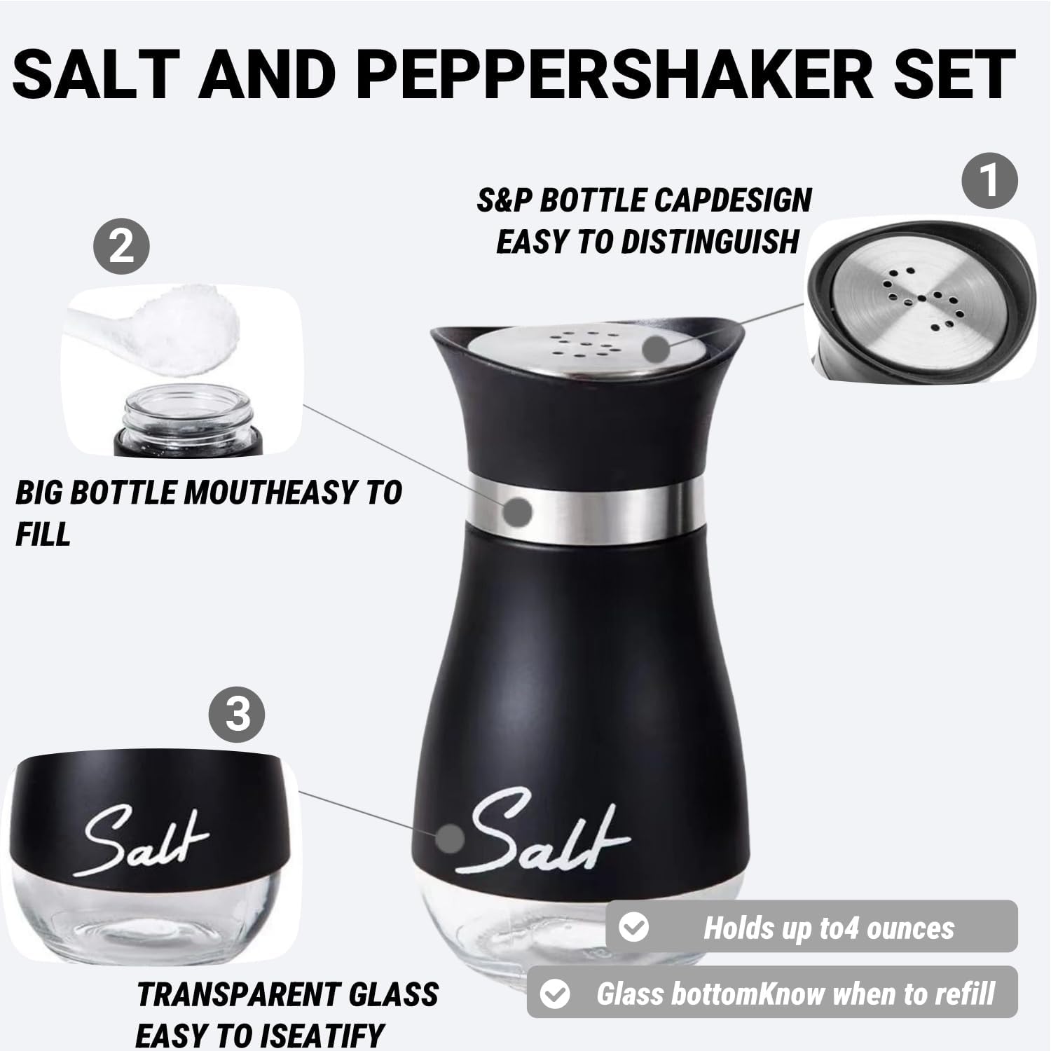 Salt and Pepper Sets with Holder, Glass Bottom Salt Pepper Shaker with Stainless Steel Lid for Kitchen Gadgets Cooking Table, Camp,BBQ Spice Shaker Containers, BBQ Seasoning Bottle Jars (Black) - Image 4
