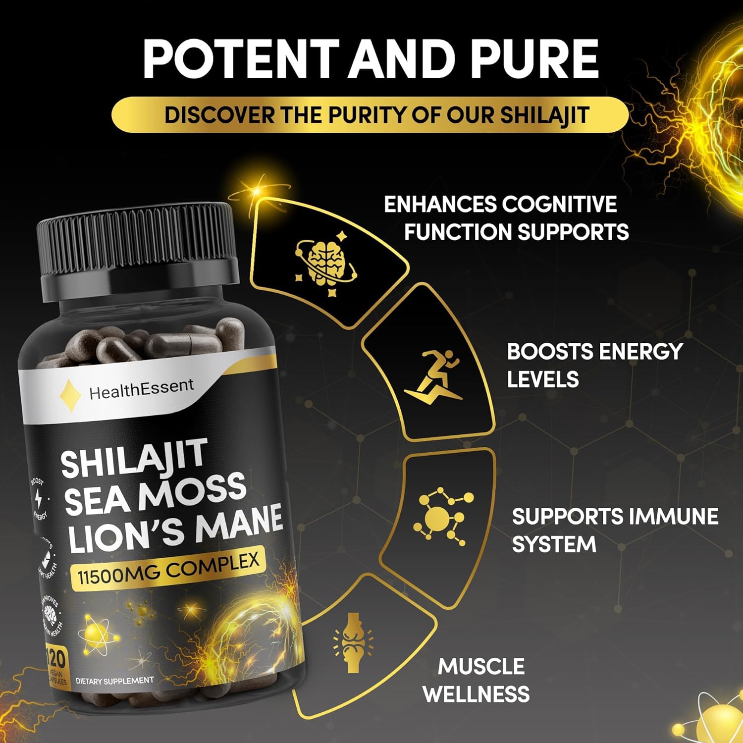 Shilajit Seamoss and Lions Mane Capsules, 11500mg 3-in-1 Brain & Focus Supplement with Ashwagandha & Black Pepper, High Strength Lions Mane Shilajit Blend for Energy & Immunity,120 Vegan Capsules - Image 2