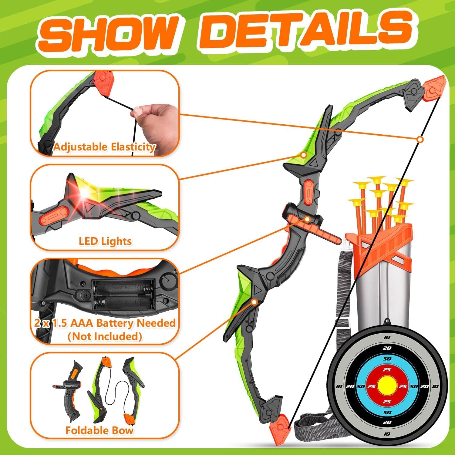 Bow Arrow Set for Kids, LED Light Up Archery Set Toys with 10 Arrows, Indoor Outdoor Shooting Games Hand-eye coordination Birthday Gifts for 6 7 8 9 10 11 12 13 14 Year Old Boys Girls - Image 4