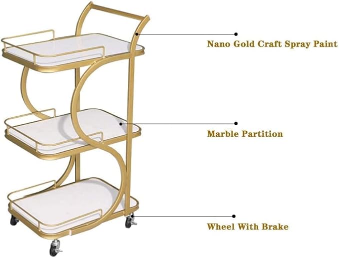 Metal and Marble Bar Serving Cart for Home Kitchen Hotel 3 Tier Trolley with Sideboard Rack - Image 5