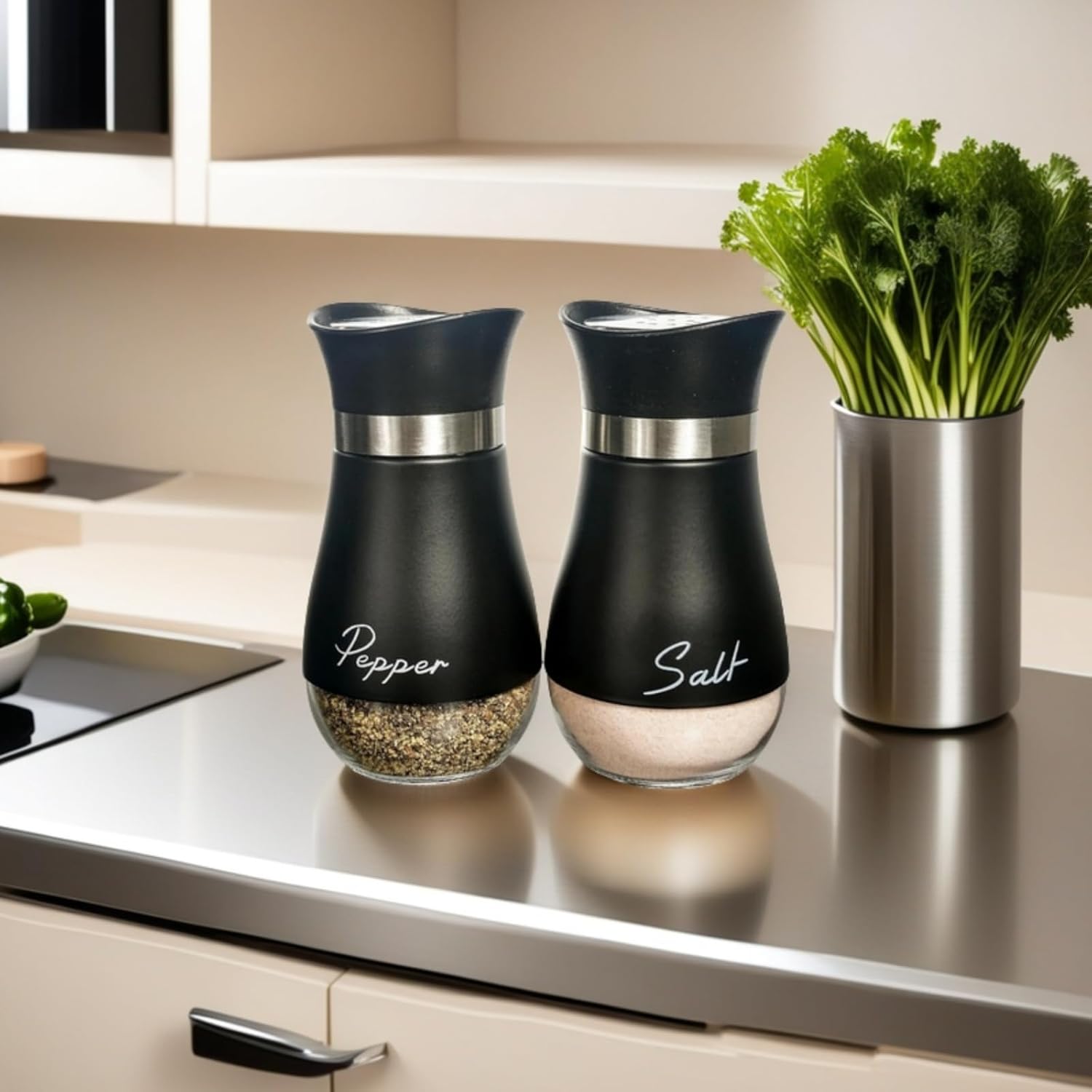 Salt and Pepper Sets with Holder, Glass Bottom Salt Pepper Shaker with Stainless Steel Lid for Kitchen Gadgets Cooking Table, Camp,BBQ Spice Shaker Containers, BBQ Seasoning Bottle Jars (Black) - Image 5