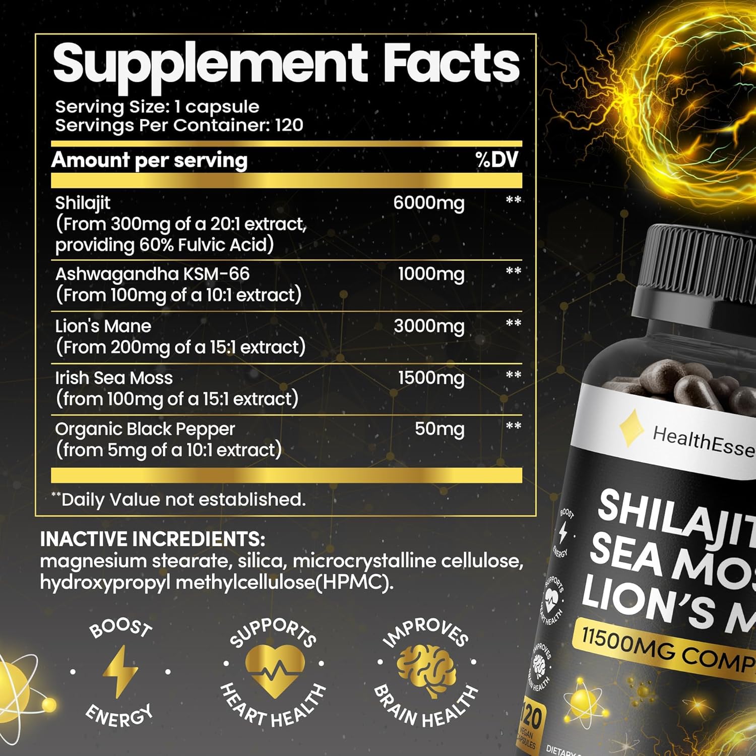 Shilajit Seamoss and Lions Mane Capsules, 11500mg 3-in-1 Brain & Focus Supplement with Ashwagandha & Black Pepper, High Strength Lions Mane Shilajit Blend for Energy & Immunity,120 Vegan Capsules - Image 5