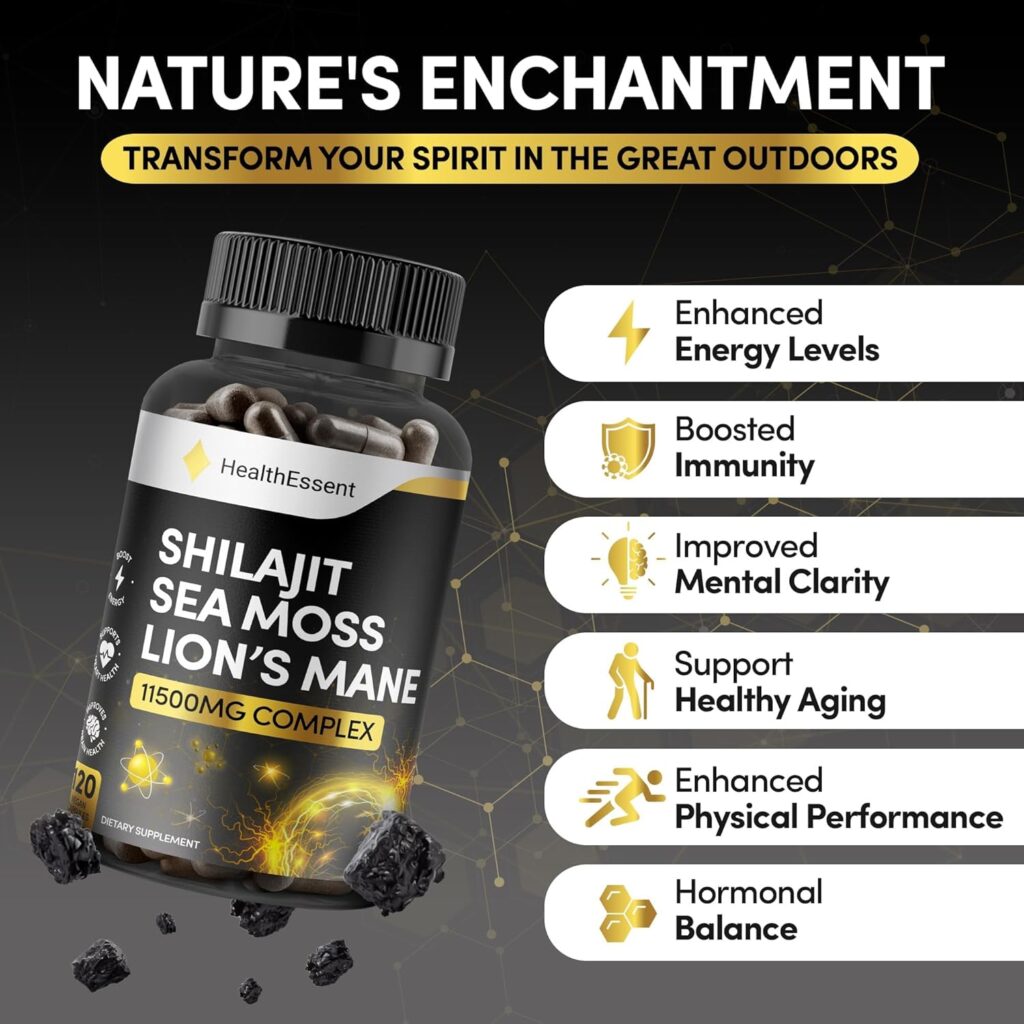 Shilajit Seamoss and Lions Mane Capsules, 11500mg 3-in-1 Brain & Focus Supplement with Ashwagandha & Black Pepper, High Strength Lions Mane Shilajit Blend for Energy & Immunity,120 Vegan Capsules