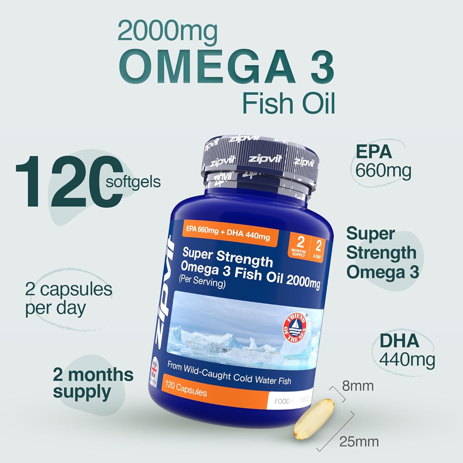 Zipvit Omega 3 Fish Oil 2000mg, EPA 660mg DHA 440mg, Wild-Caught, Cold Water Fish, Supports Heart, Brain & Vision, 120 Softgels, 2 Months Supply, Eco-Friendly Pouch - Image 5