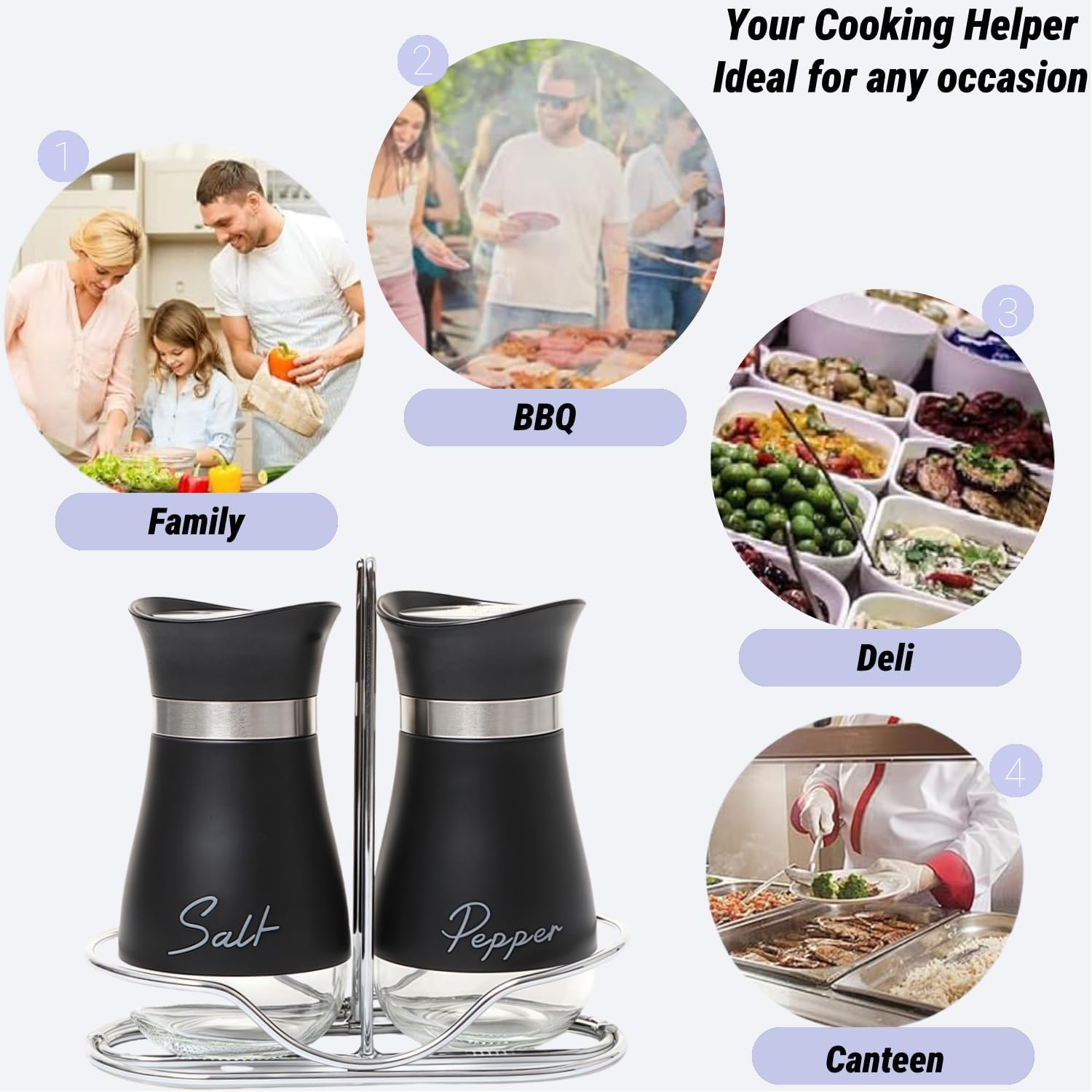 Salt and Pepper Sets with Holder, Glass Bottom Salt Pepper Shaker with Stainless Steel Lid for Kitchen Gadgets Cooking Table, Camp,BBQ Spice Shaker Containers, BBQ Seasoning Bottle Jars (Black) - Image 6