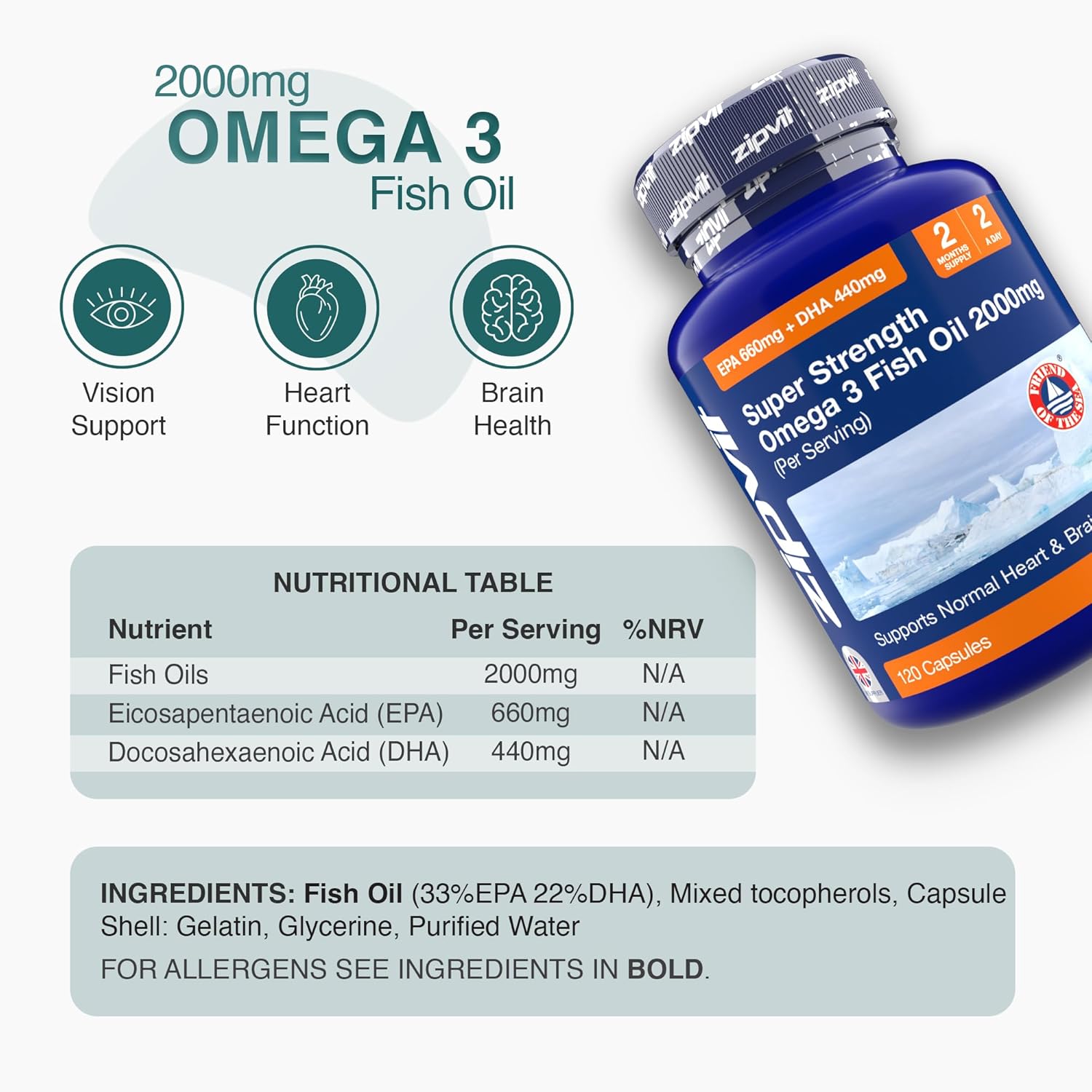 Zipvit Omega 3 Fish Oil 2000mg, EPA 660mg DHA 440mg, Wild-Caught, Cold Water Fish, Supports Heart, Brain & Vision, 120 Softgels, 2 Months Supply, Eco-Friendly Pouch - Image 7