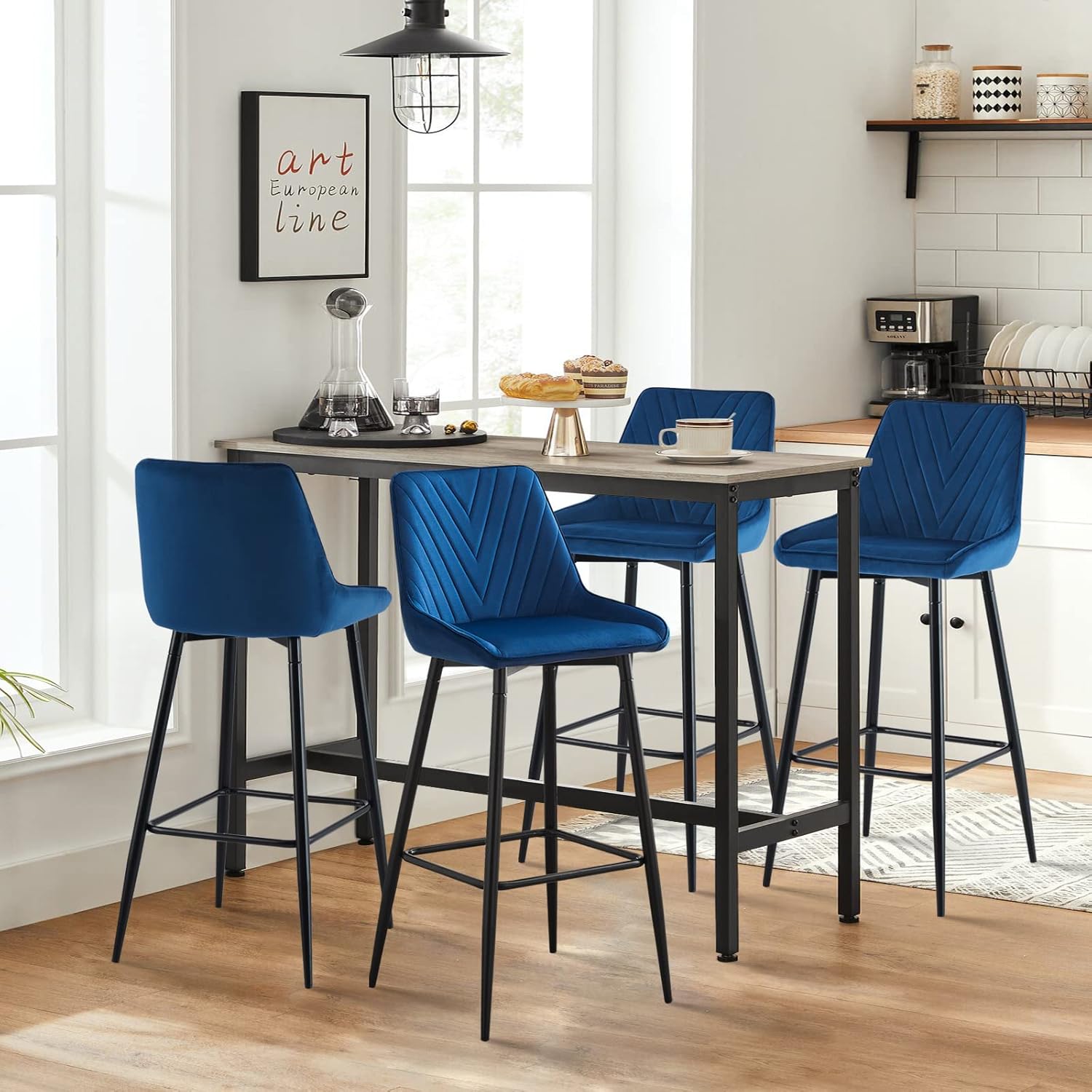 CLIPOP Bar Stools Set of 2,Grey Velvet Padded Breakfast Bar Chairs Barstool with Backrest and Metal Legs,Industrial High Back Dining Stools for Home Kitchen Counter Pub Island - Image 2